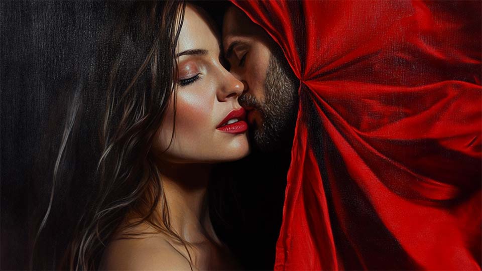 Une femme et un homme derrière un voile rouge