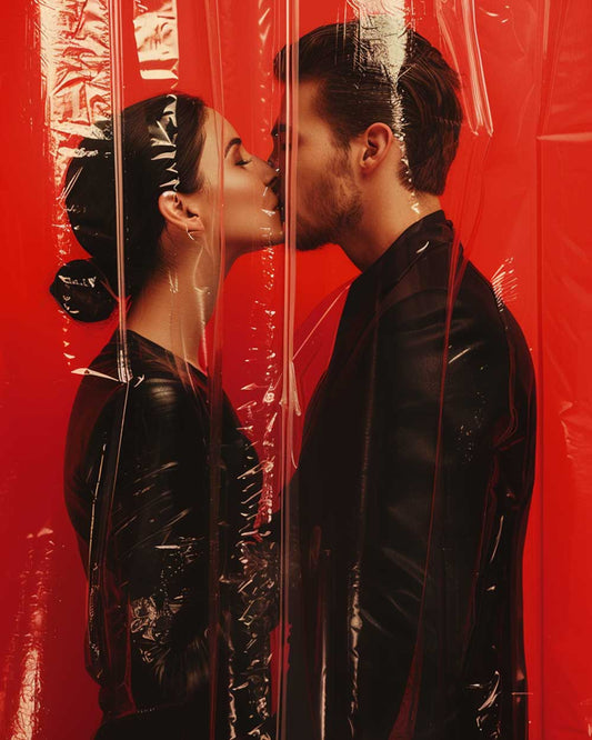Un couple s'embrassant derrière un plastique